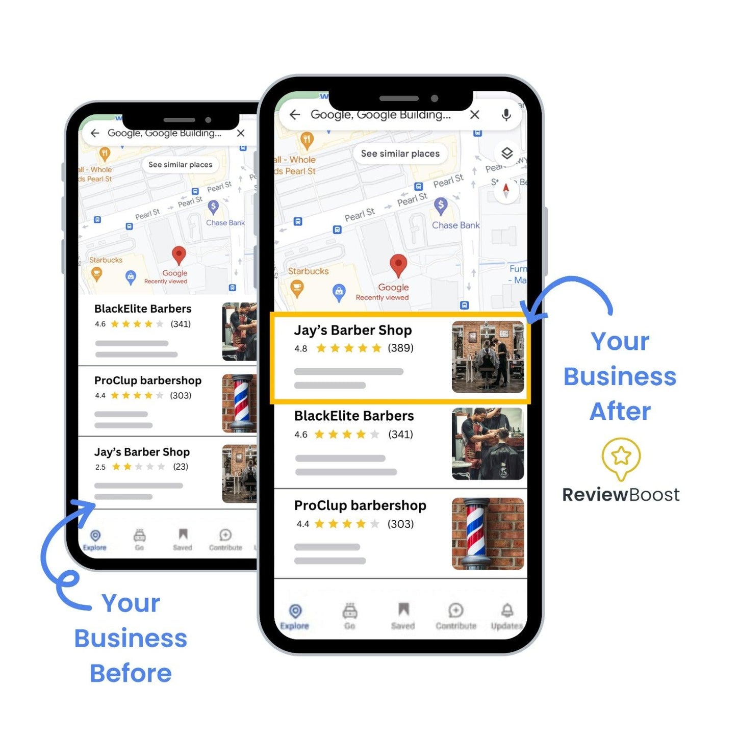 Comparison of a business's Google search ranking before and after using ReviewBoost, showing an improvement from lower visibility to the top search result
