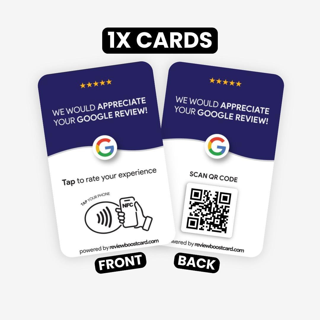 Front and back views of a ReviewBoost card, featuring a QR code and NFC tap area to encourage Google reviews