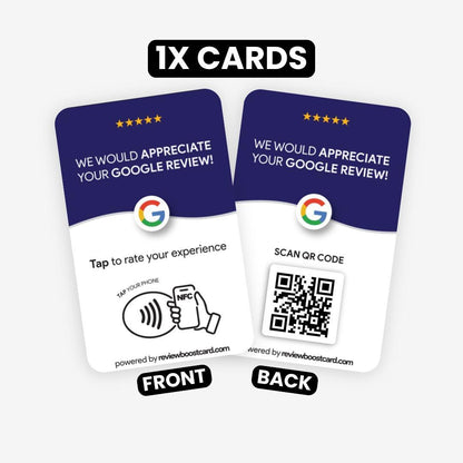 Front and back views of a ReviewBoost card, featuring a QR code and NFC tap area to encourage Google reviews