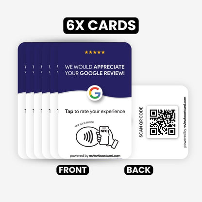 Set of 6 ReviewBoost cards, front and back views, featuring a QR code and NFC tap area for easy Google review submission