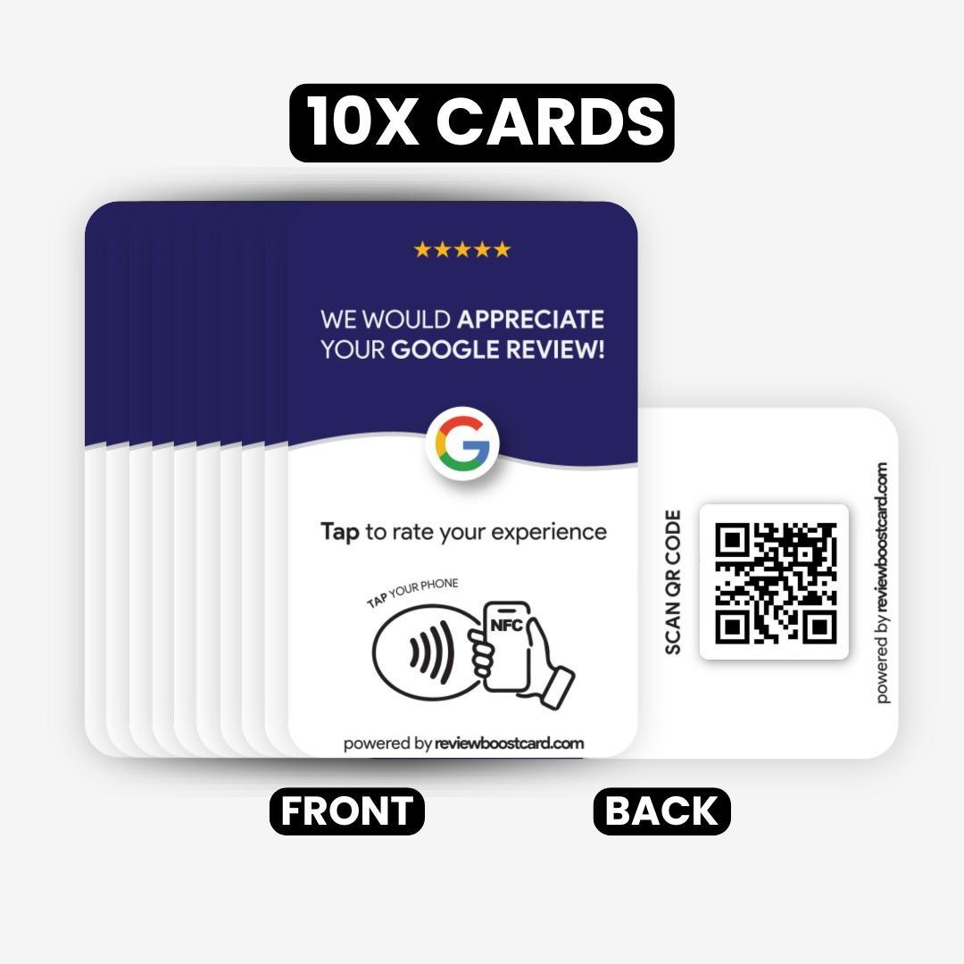 Set of 10 ReviewBoost cards, front and back views, featuring a QR code and NFC tap area for easy Google review submission