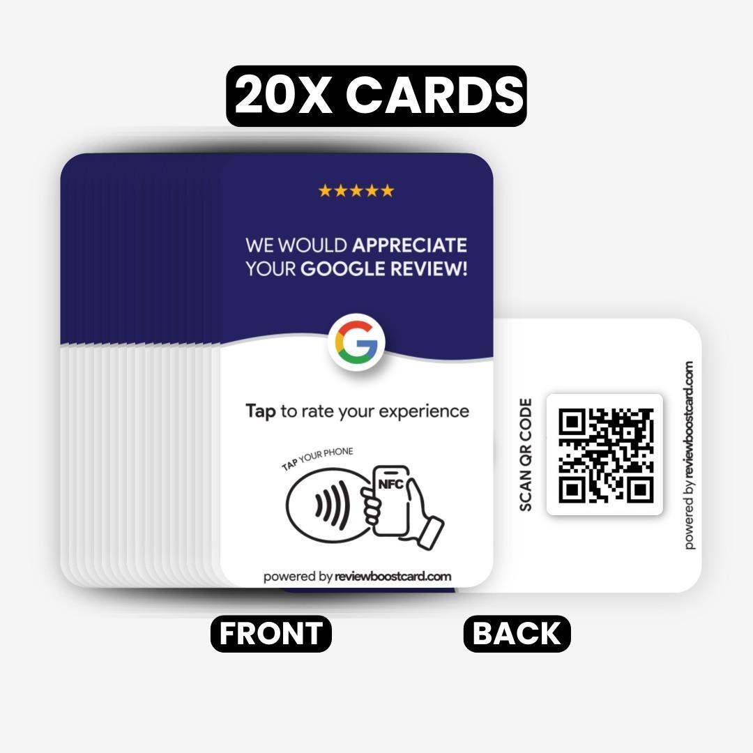 Set of 20 ReviewBoost cards, front and back views, featuring a QR code and NFC tap area for easy Google review submission